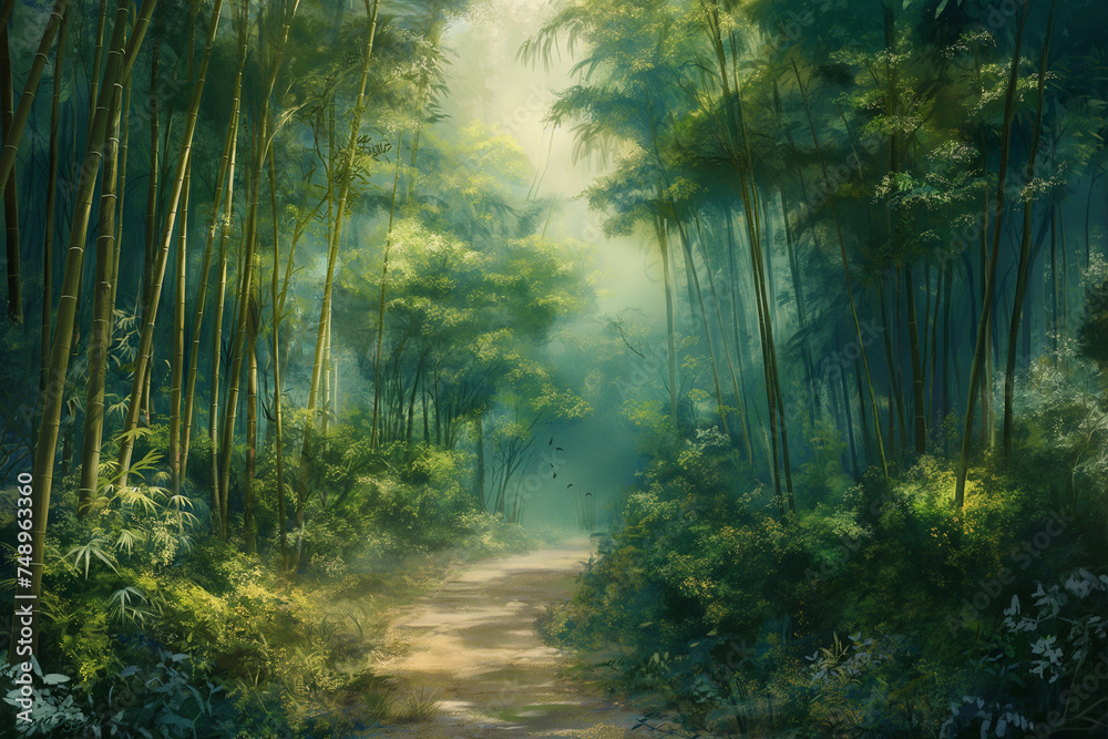 Obraz premium A Tranquil Bamboo Forest Path: Sunlit, Mist-Enveloped Trail Invites a Peaceful Journey Through Lush Tropical Greenery