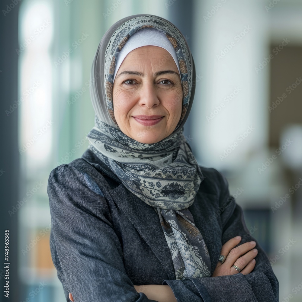 Portrait of Islamic woman businesswoman 50-60 years with office background