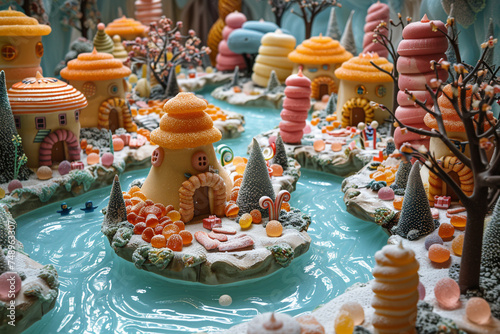 Giant candy forest, gummy bear inhabitants, chocolate rivers, whimsical adventure