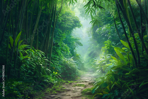 Sunlit Serenity on a Misty Morning: A Lush Bamboo Forest Path Invites Tranquil Walks Through Tropical Greenery