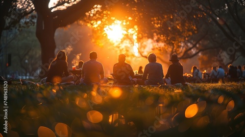 A group of people sharing a fire under a tree in a natural landscape at sunset