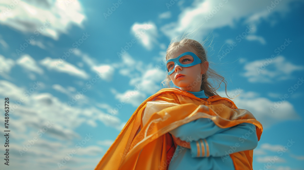 Kleine Superheldin: Mädchen mit Umhang und Brille bereit, die Welt zu erobern - obrazy, fototapety, plakaty 