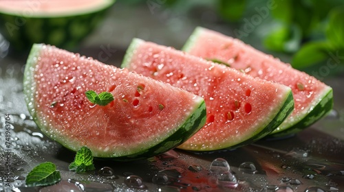 Fresh watermelon. Close up, delicious watermelon slices.
Healthy fruit, sweet, water droplets, dew.
