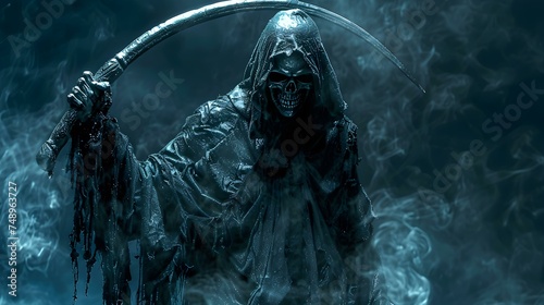 Titled: Professional Halloween Photo of Grim Reaper in Haunting Costume with Scythe and Copy Space. Concept Halloween Photoshoot, Scary Costume, Grim Reaper, Haunting Props, Copy Space