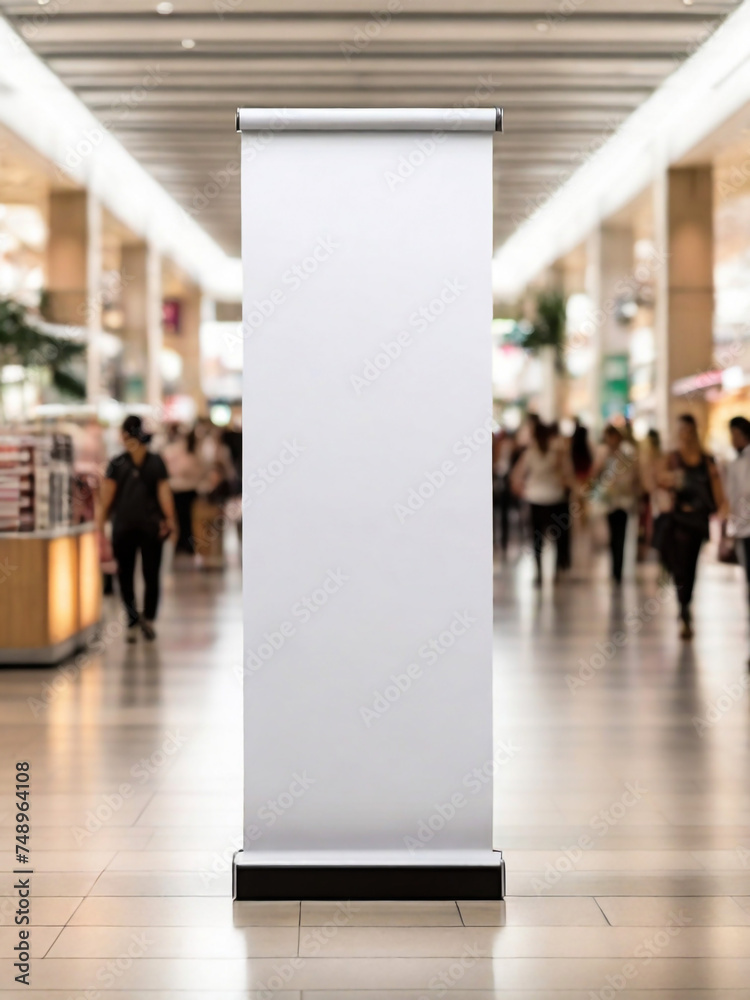 Roll up mockup, poster stand in a shopping center or mall environment as a wide banner design with blank, empty copy space area Roll up mockup, poster stand in a shopping center or mall environment as a wide banner design with blank, empty copy space area