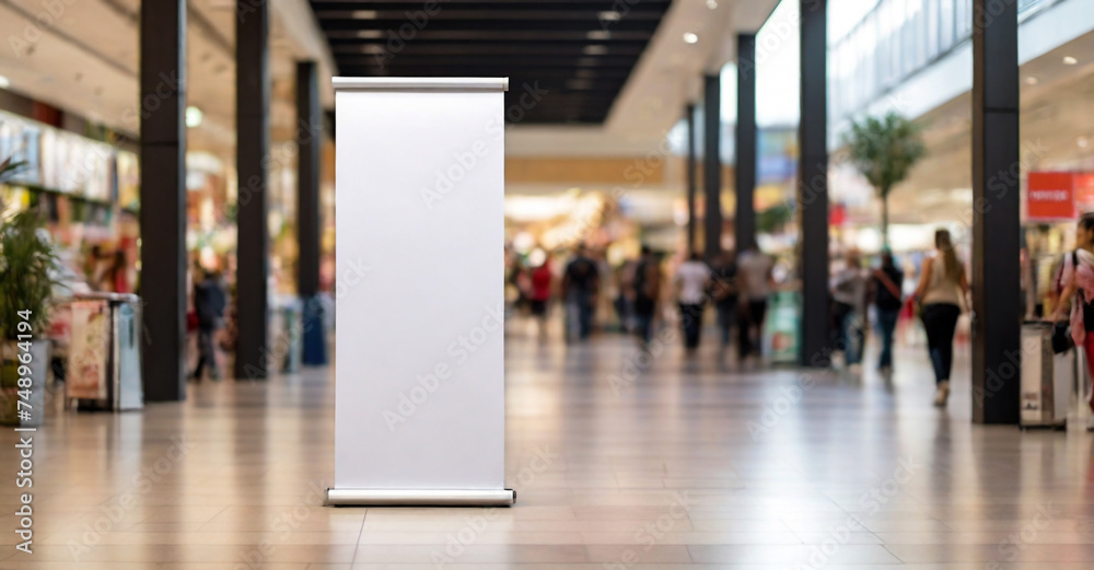 Roll up mockup, poster stand in a shopping center or mall environment as a wide banner design with blank, empty copy space area Roll up mockup, poster stand in a shopping center or mall environment as a wide banner design with blank, empty copy space area
