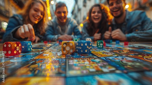 A group of humans smiling and having fun playing indoor games around a table photo