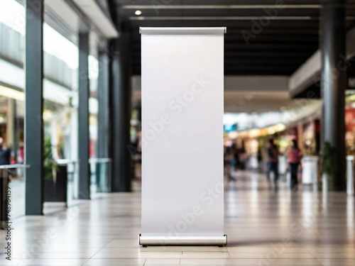 Roll up mockup  poster stand in a shopping center or mall environment as a wide banner design with blank  empty copy space area
