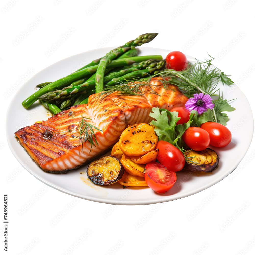 grilled salmon with vegetables on plate on transparent background, clipping path, png, grilled salmon with vegetables on plate on transparent background, clipping path, png,