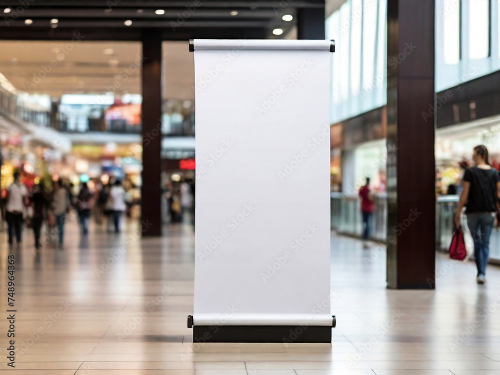 Roll up mockup, poster stand in a shopping center or mall environment as a wide banner design with blank, empty copy space area Roll up mockup, poster stand in a shopping center or mall environment as a wide banner design with blank, empty copy space area