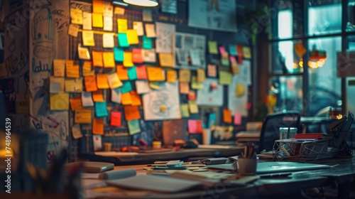 Marketing Strategy Concept: Working desk with multicolor sticky notes filled wall where planning and strategizing are done photo