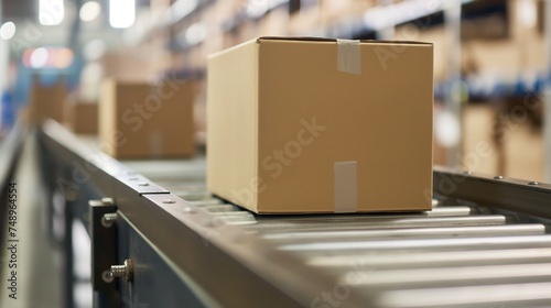 close up of several cardboard box packages moving a conveyor belt
