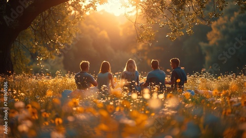 a group of people are sitting in a field of flowers watching the sun set