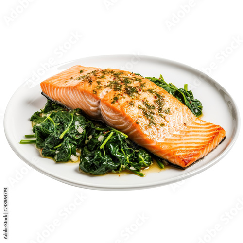 grilled salmon with lemon and parsley on plate on transparent background, clipping path, png, 
