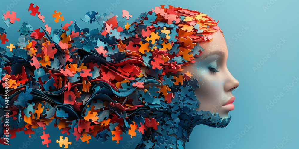Woman surrounded by puzzle pieces, creative mind, exploding brain full of ideas and imagination, education concept, colorful jigsaw 
 - obrazy, fototapety, plakaty 
