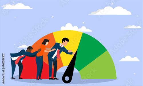 Group of people trying to improve a credit score by pushing the needle, Personal finance affordability concept