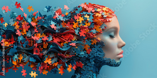 Woman surrounded by puzzle pieces, creative mind, exploding brain full of ideas and imagination, education concept, colorful jigsaw 
 photo