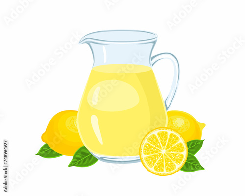 Lemonade pitcher Isolated on white background. Vector cartoon illustration of fresh citrus drink in glass jug.