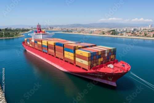 Colossal container ship, brightly colored with many containers on board, anchored in calm blue waters of harbor at sunset. Skyline of buildings and mountains in the distance.