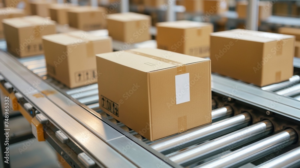 multiple cardboard box packages seamlessly moving along a conveyor belt multiple cardboard box packages seamlessly moving along a conveyor belt