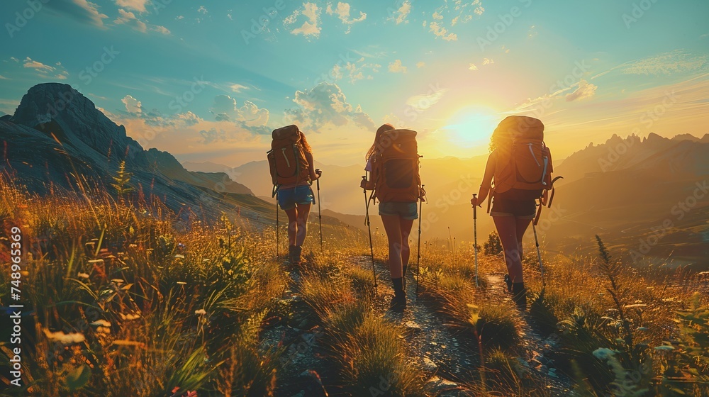 Three hikers with backpacks trekking through mountainous landscape at sunset - obrazy, fototapety, plakaty 