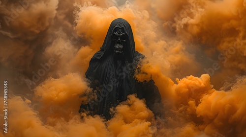 Dark figure in a hood with skull face emerges from orange smoke. Concept Surreal Horror, Dark Fantasy, Mysterious Encounter