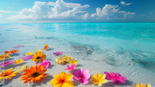 Beautiful flowers on the shore of the blue ocean