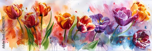 Watercolor illustration of colorful spring tulip flowers, spring banner #748965797