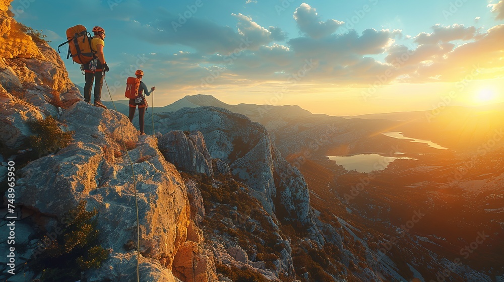 two people with backpacks are standing on top of a mountain at sunset