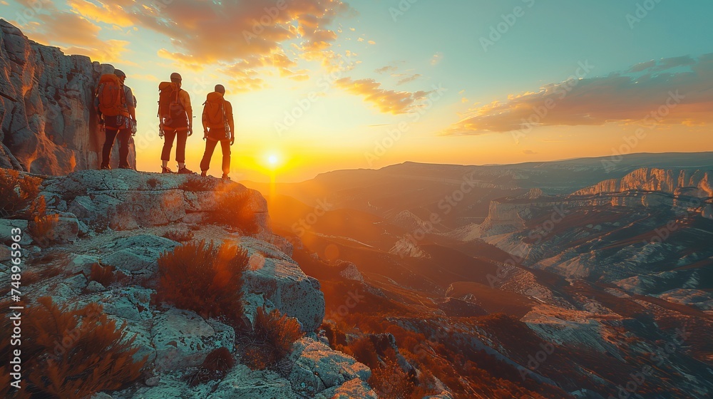 a group of people are standing on top of a mountain at sunset