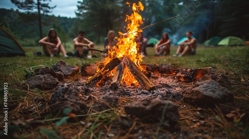 A group of individuals gather around a blazing bonfire in the natural landscape