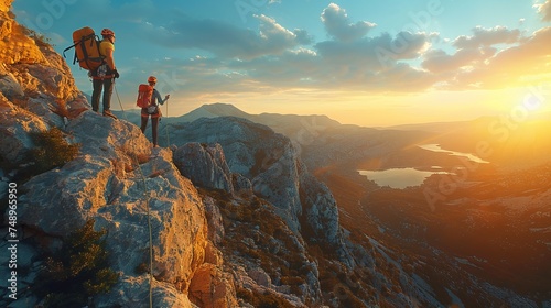two people with backpacks are standing on top of a mountain at sunset