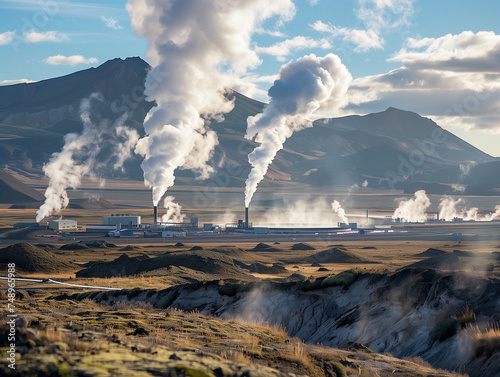 A Photo Of A Geothermal Power Plant Set In A Volcanic Region With Steam Rising From The Turbines Against A Rugged Landscape
