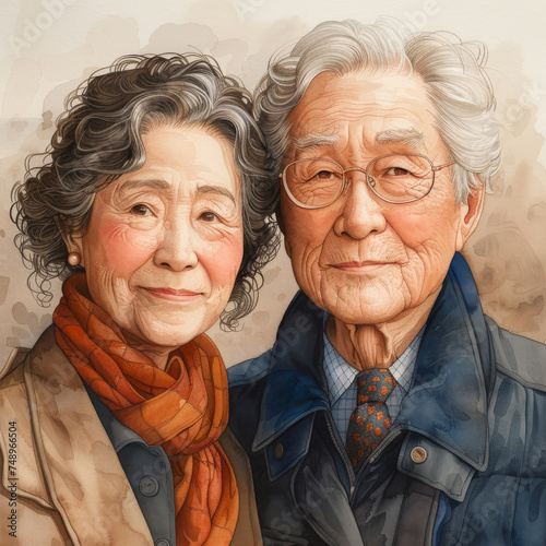 Happy elderly couple portrait, watercolor style. An elderly couple, happily married for many years, are enjoying each other's company. © BigHeartHouston