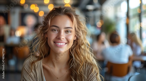 A woman with blond hair is happily smiling at an event in a restaurant