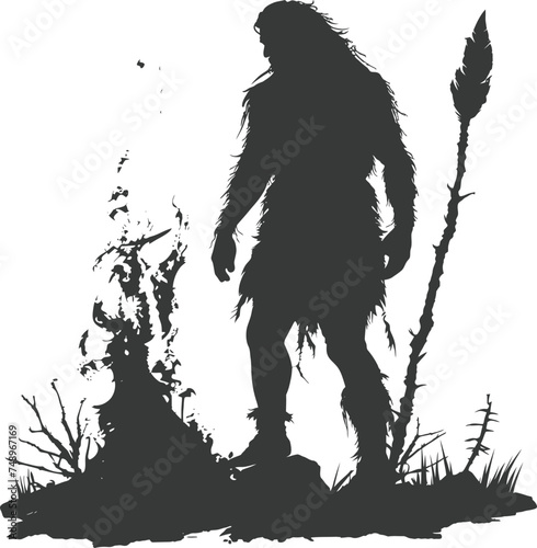 Silhouette ancient caveman in front bonfire black color only