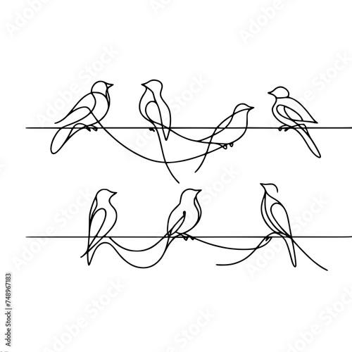 Birds sitting on a wire, single line vector drawing, minimalistic black single line sketch isolated on white background