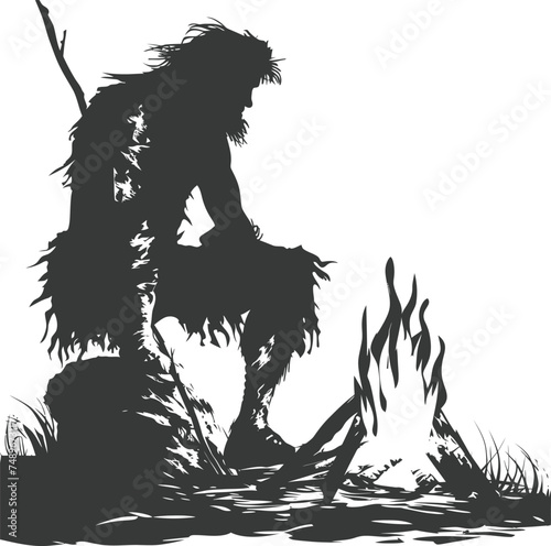 Silhouette ancient caveman in front bonfire black color only