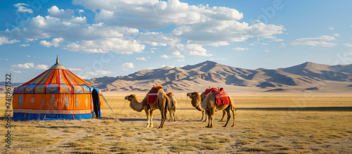 Picturesque rural landscape of Central Asia, with camels and tents typical of the region.