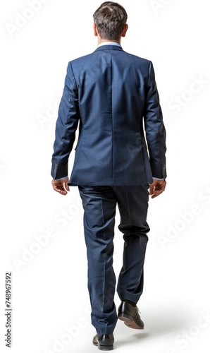 A man in a blue suit walking away