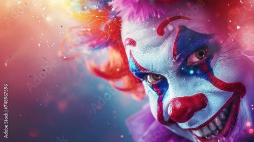 Intense close-up of a vibrant clown with a menacing smile