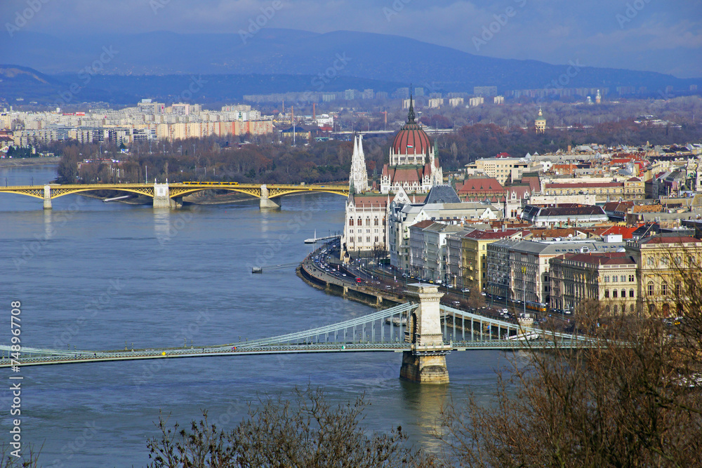 A panorama over Budapest city, capital of Parliament Building from Gellert Hill in Budapest, Hungary