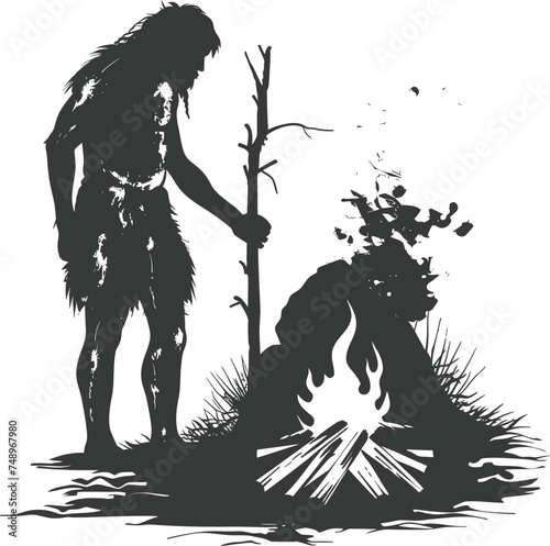 Silhouette ancient caveman in front bonfire black color only