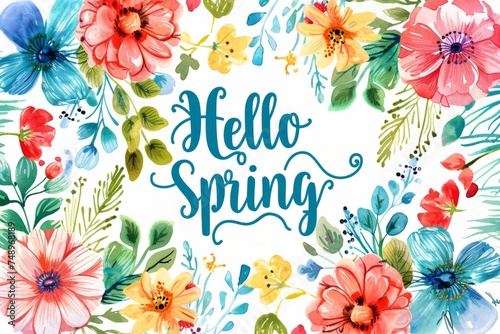 Watercolor illustration of a frame of spring flowers, inside the text Hello Spring, spring background