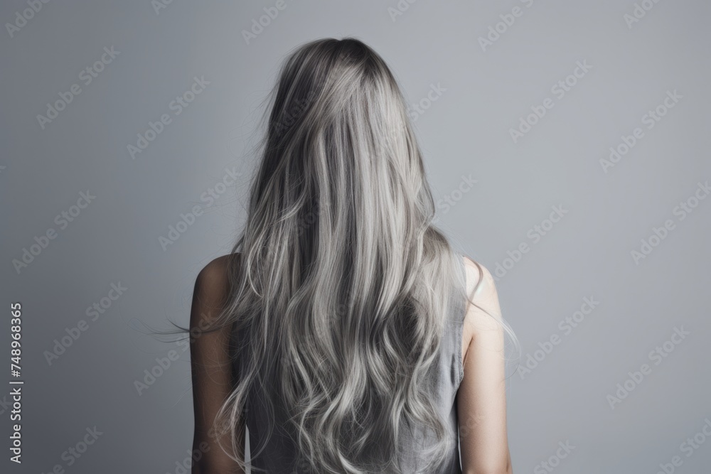 Fototapeta premium Rear view of a girl with flowing long gray hair, care and hair care concept