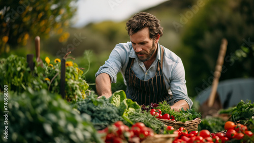 A close-up shot of a weathered hand gently cradling a perfectly ripe tomato, freshly picked from the vine, with a vast field of green tomato plants stretching towards the horizon in the background