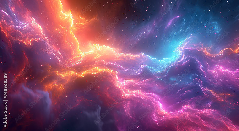 Abstract cosmic nebula wave clouds background landscape wallpaper design, blue, yellow, purple, red color lighting and dynamic rainbow universe and space