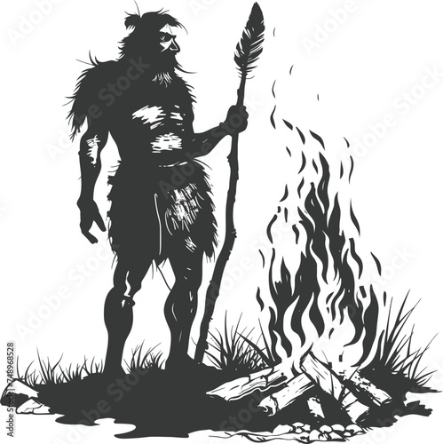 Silhouette ancient caveman in front bonfire black color only