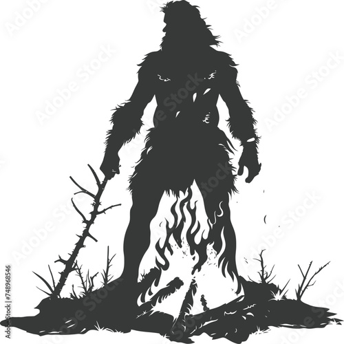 Silhouette ancient caveman in front bonfire black color only