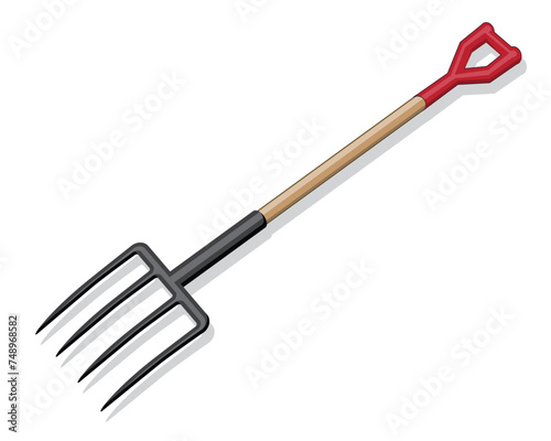 vector design of a sharp fork-like stick tool with a large red handle which is usually used in plantations or agriculture